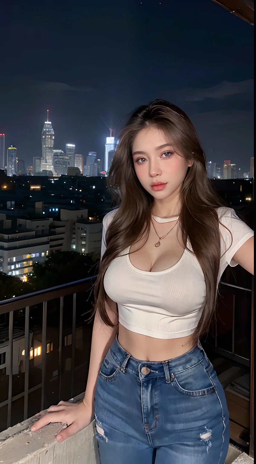 ultra high res, (photorealistic:1.4), raw photo,((Midnight, Best quality, 8k, Masterpiece :1.3)), Whole body, Long legs, Sharp focus :1.2, A pretty woman with perfect figure :1.4, Slender abs :1.1, ((Dark brown hair,Gigantic breasts :1.2)), (White tight tshirt, Jean bib, Standing:1.2), ((Night city view, Rooftop:1.3)), Highly detailed face and skin texture, Detailed eyes, Double eyelid