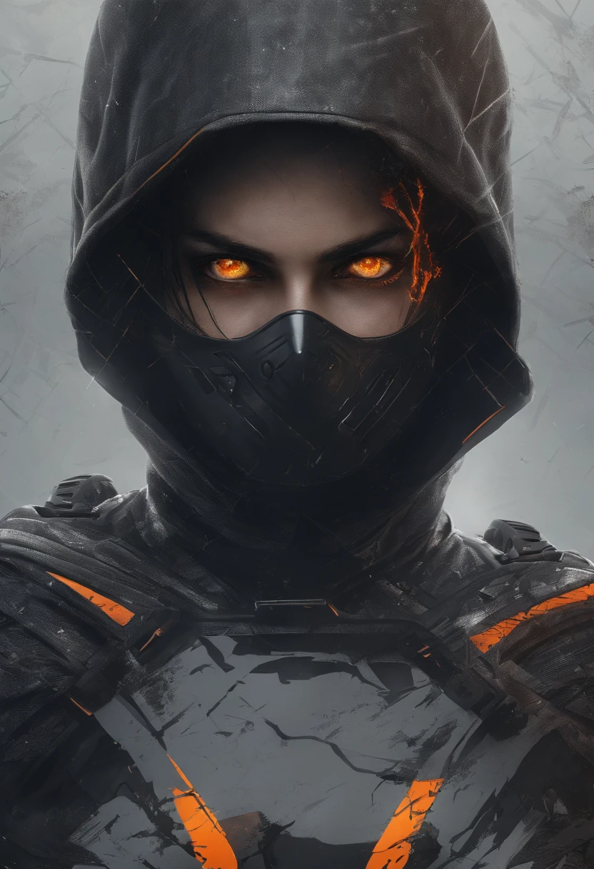 Dark Ninja Face with Orange Eyes Geographic Data in Detailed Hyper-Realism Photoshoot Style