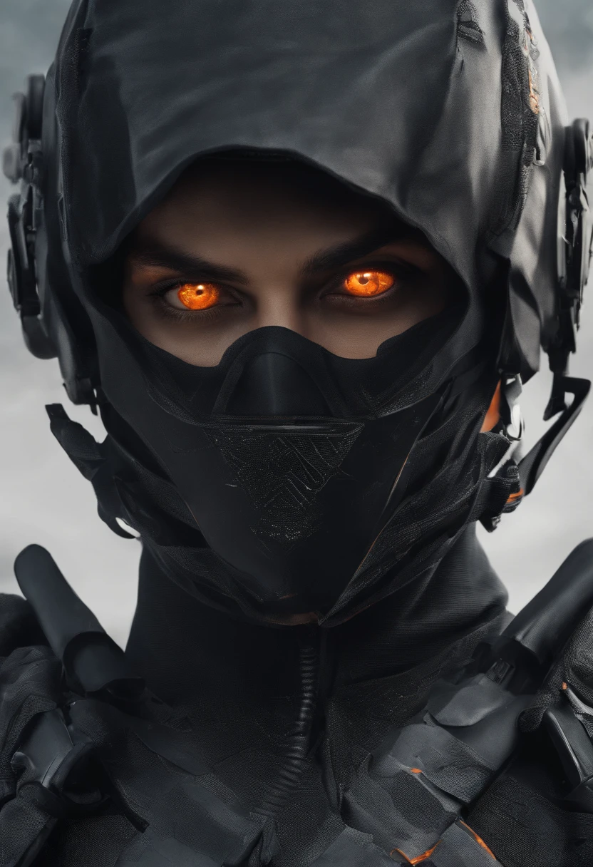 Dark Ninja Face with Orange Eyes Geographic Data in Detailed Hyper-Realism Photoshoot Style