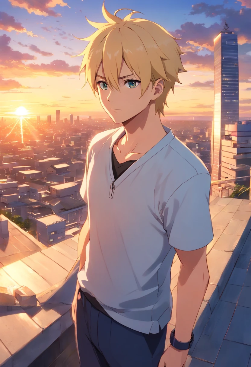 Short blonde Japanese anime man, Naruto-like hairstyle, beard, 40 years old, full body, wearing dark blue set-up, white shirt, rooftop of a building with beautiful sunset, fantasy
