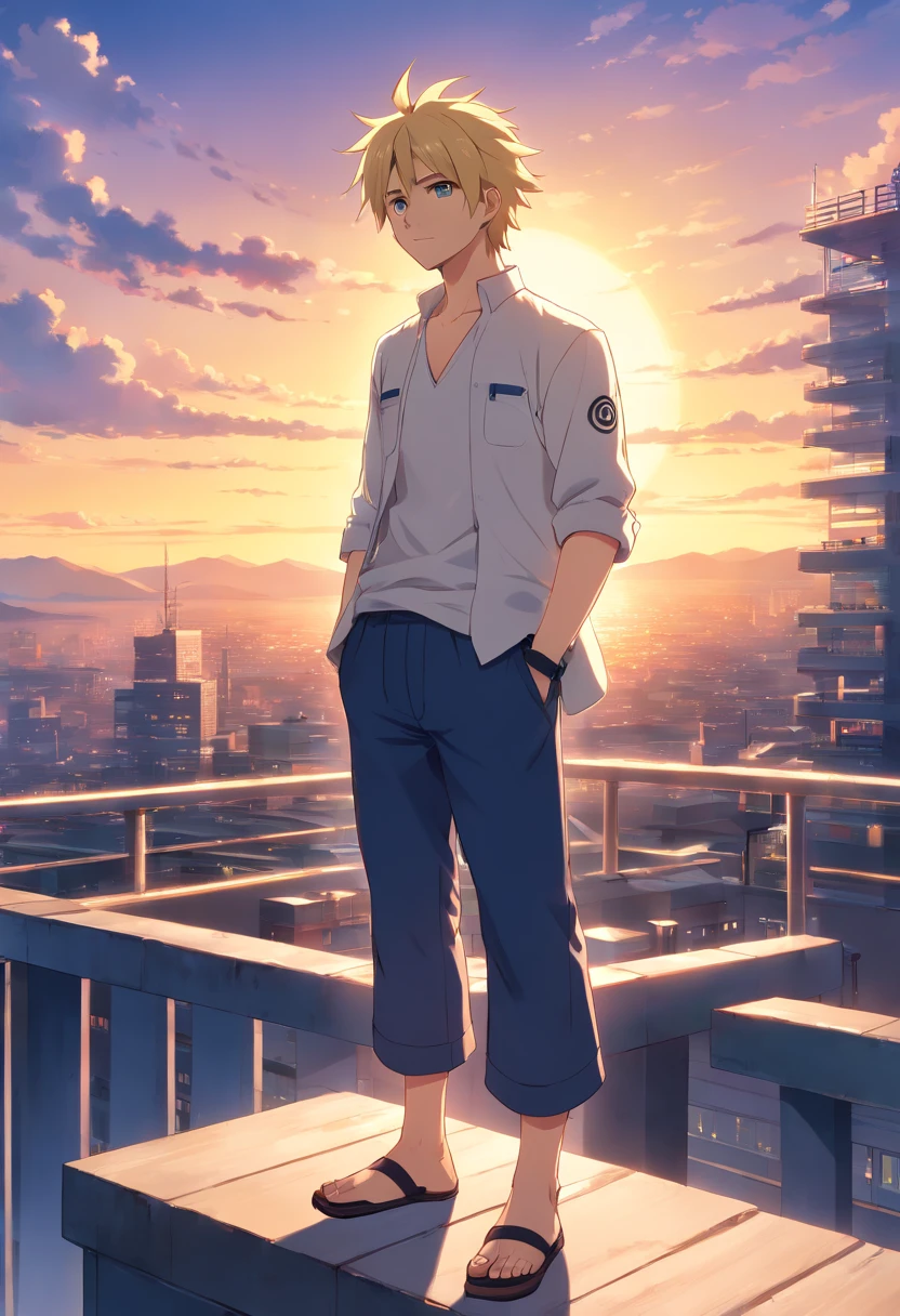 Short blonde Japanese anime man, Naruto-like hairstyle, beard, 40 years old, full body, wearing dark blue set-up, white shirt, rooftop of a building with beautiful sunset, fantasy
