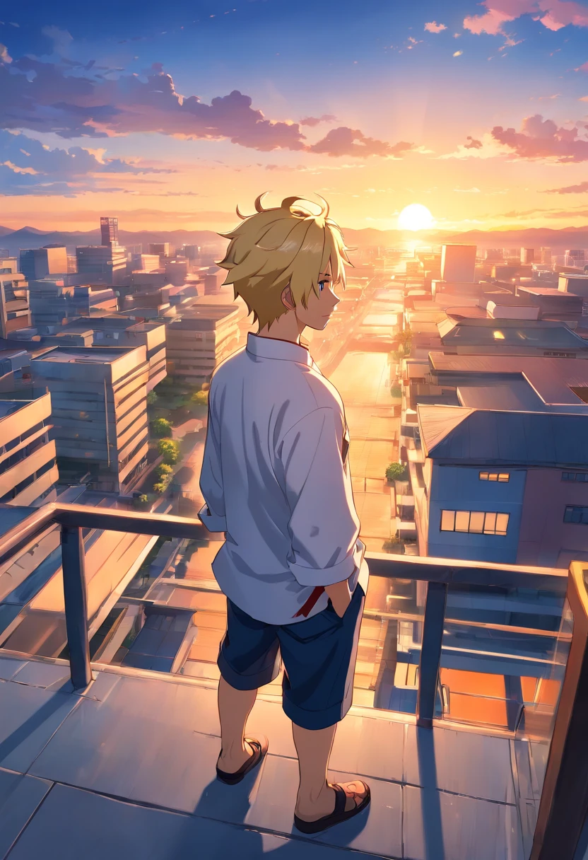 Short blonde Japanese anime man, Naruto-like hairstyle, beard, 40 years old, full body, wearing dark blue set-up, white shirt, rooftop of a building with beautiful sunset, fantasy