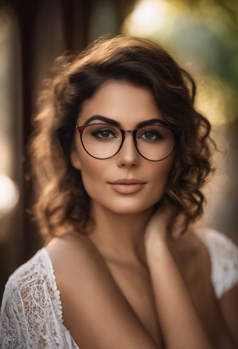 Senhora de 30 anos, cabelos curto loiros, brown eyes with glasses, peito decotado