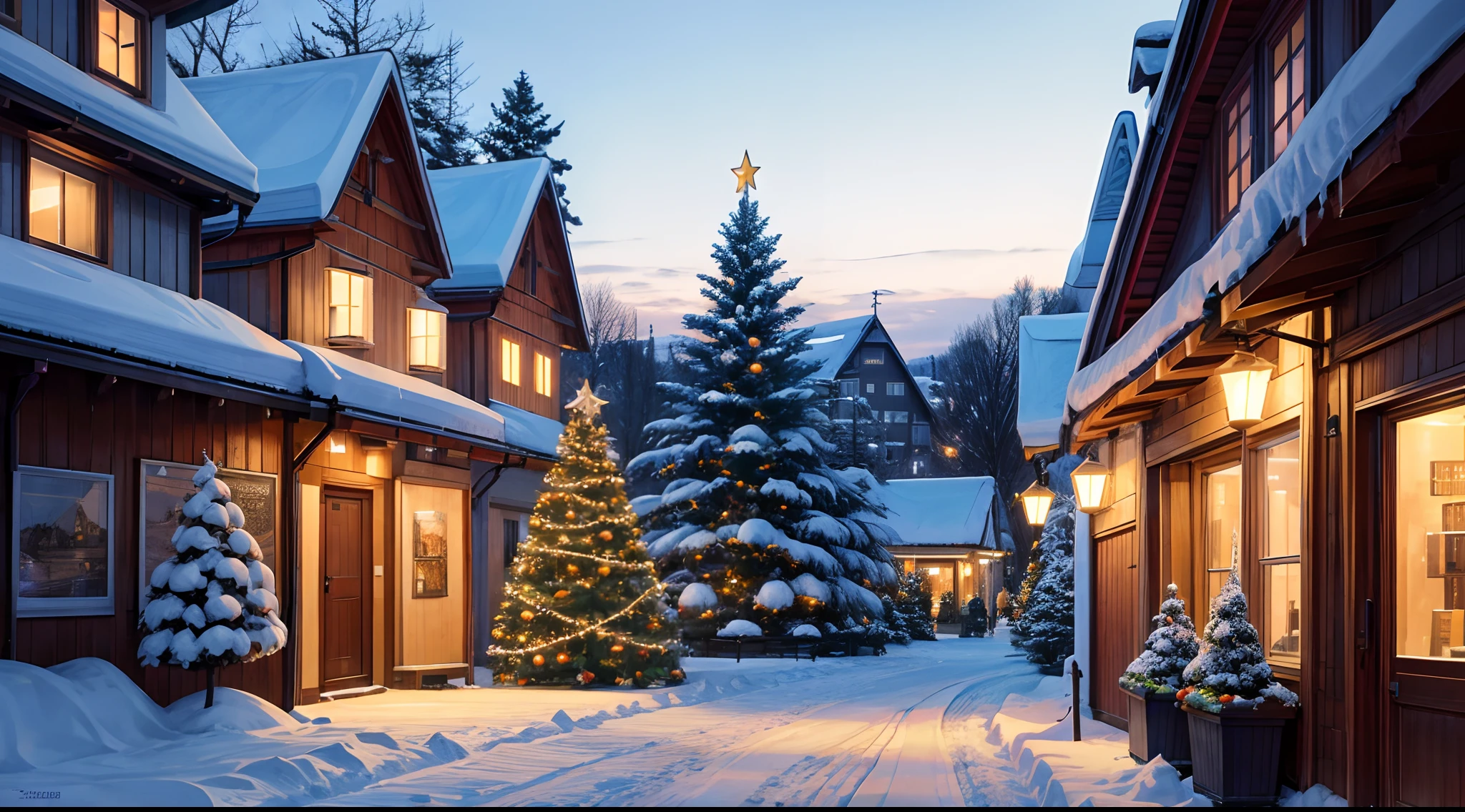 FIOCCHI DI NEVE CHE CADONO snowy trees in front of a building with a sign and a christmas tree, lapland, north pole, santa's workshop, wide image, by karlkka, santa, wide screenshot, by Sven Nordqvist, high quality image, lots of signs and shops, photo taken at night, winter, by Jens Søndergaard, by Ejnar Nielsen