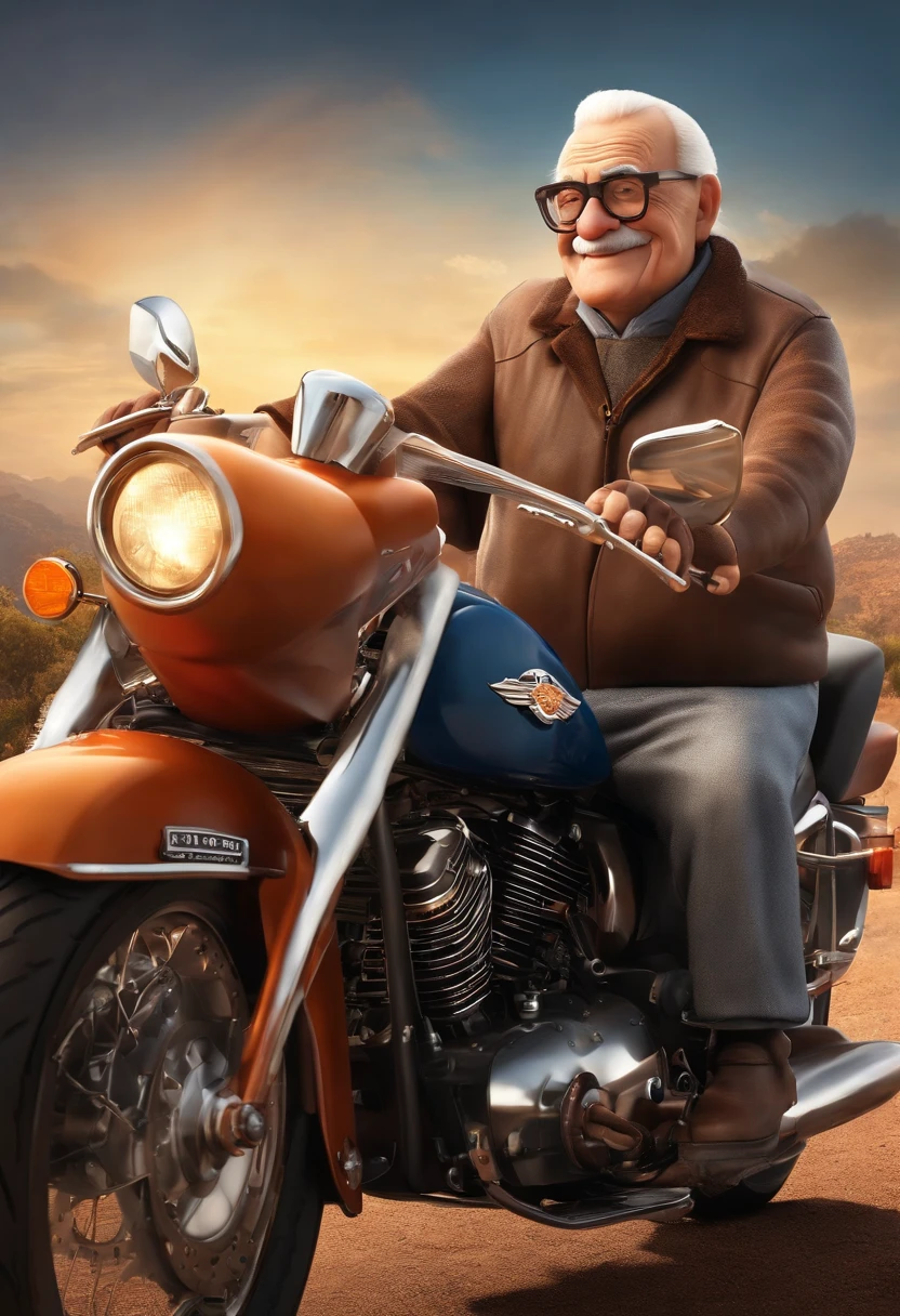 a 3D Disney Pixar poster of an elderly man with glasses, pilotando uma Harley Davidson 883 em uma viagem de moto. (altamente detalhado:1.2), Realistic depiction of a senior man with glasses, entusiasta do motociclismo, with great attention to facial expressions and wrinkles, cena com cores vibrantes, cabelo detalhado e bigode, Background with scenic landscapes and iconic landmarks, arte profissional, Capturing the joyful spirit of adventure and freedom, dynamic compositing, Beautiful lighting and shading, Capturing the essence of the open road.
