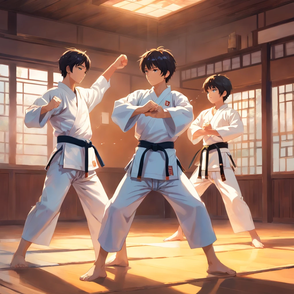 A group of boys practicing taekwondo, (best quality, highres, ultra-detailed), with precise and powerful kicks and punches, strong stances and agile movements. The boys are wearing white dobok uniforms, and their eyes are focused and determined. The taekwondo mats are clean and smooth, providing a safe and suitable training environment. The room is filled with natural light, highlighting the boys' movements and creating a vibrant atmosphere. The instructor is guiding and correcting their techniques with expertise and passion. The colors are vivid and bold, enhancing the energy and intensity of the scene. The painting style is realistic, capturing the details of the boys' muscles, facial expressions, and the texture of their uniforms. The artwork showcases the dynamic nature of martial arts and the dedication and discipline of these young practitioners.