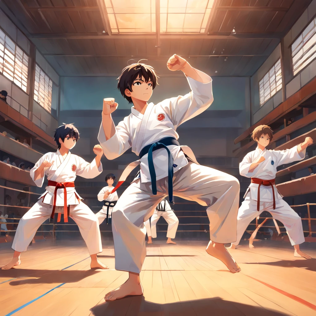 A group of boys practicing taekwondo, (best quality, highres, ultra-detailed), with precise and powerful kicks and punches, strong stances and agile movements. The boys are wearing white dobok uniforms, and their eyes are focused and determined. The taekwondo mats are clean and smooth, providing a safe and suitable training environment. The room is filled with natural light, highlighting the boys' movements and creating a vibrant atmosphere. The instructor is guiding and correcting their techniques with expertise and passion. The colors are vivid and bold, enhancing the energy and intensity of the scene. The painting style is realistic, capturing the details of the boys' muscles, facial expressions, and the texture of their uniforms. The artwork showcases the dynamic nature of martial arts and the dedication and discipline of these young practitioners.