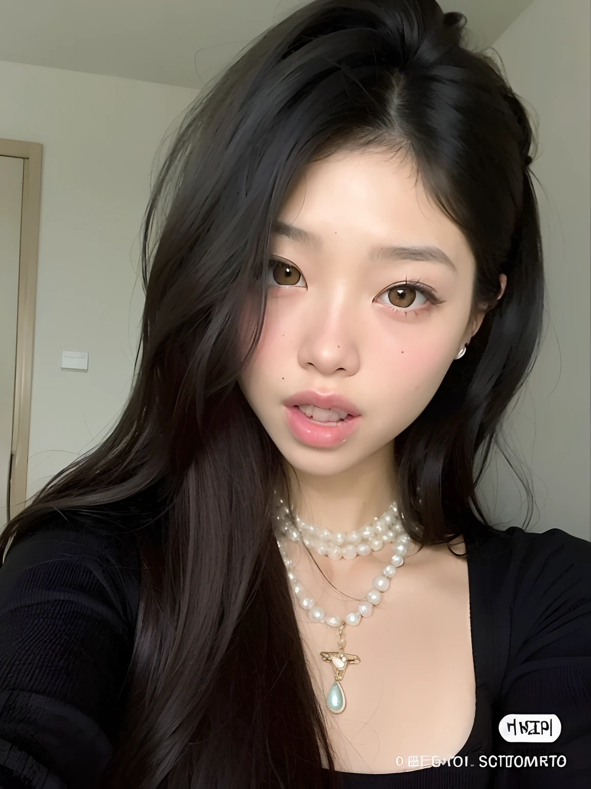 Un primer plano de una mujer con cabello largo con un collar, cruel korean goth girl, ulzzang, Joven y adorable rostro coreano, young cute wan asian face, Chica coreana, Blackpink Jennie, south east asian with round face, Hermosa joven coreana, Hermosa joven coreana, beautiful asian girl, Hermosa mujer surcoreana, Asian girl, Rasgos de la cara coreana, asian features