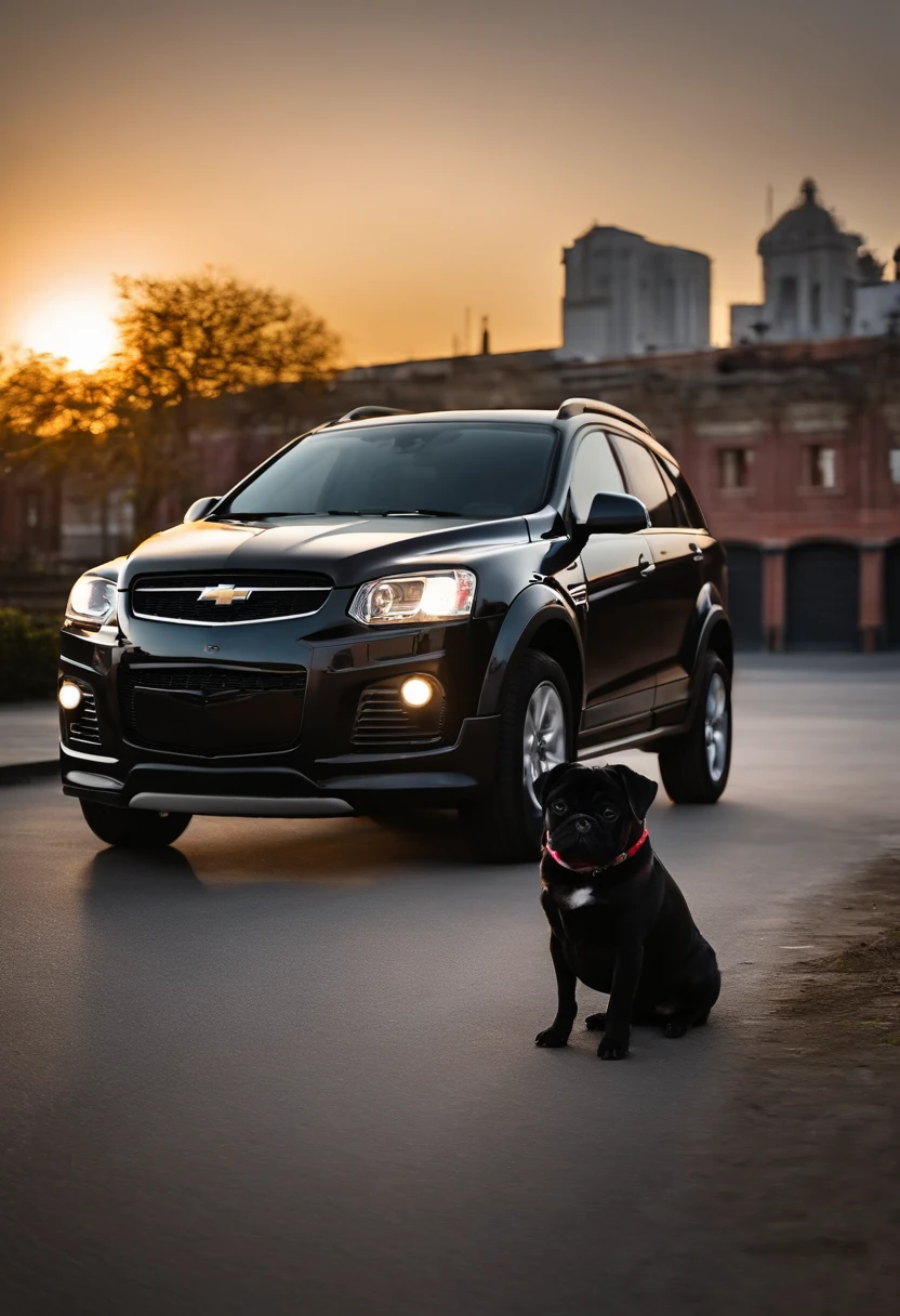 perro pug negro a un lado de camioneta chevrolet captiva 2014 color gris en una calle con edificios altos y al fondo una puesta de sol