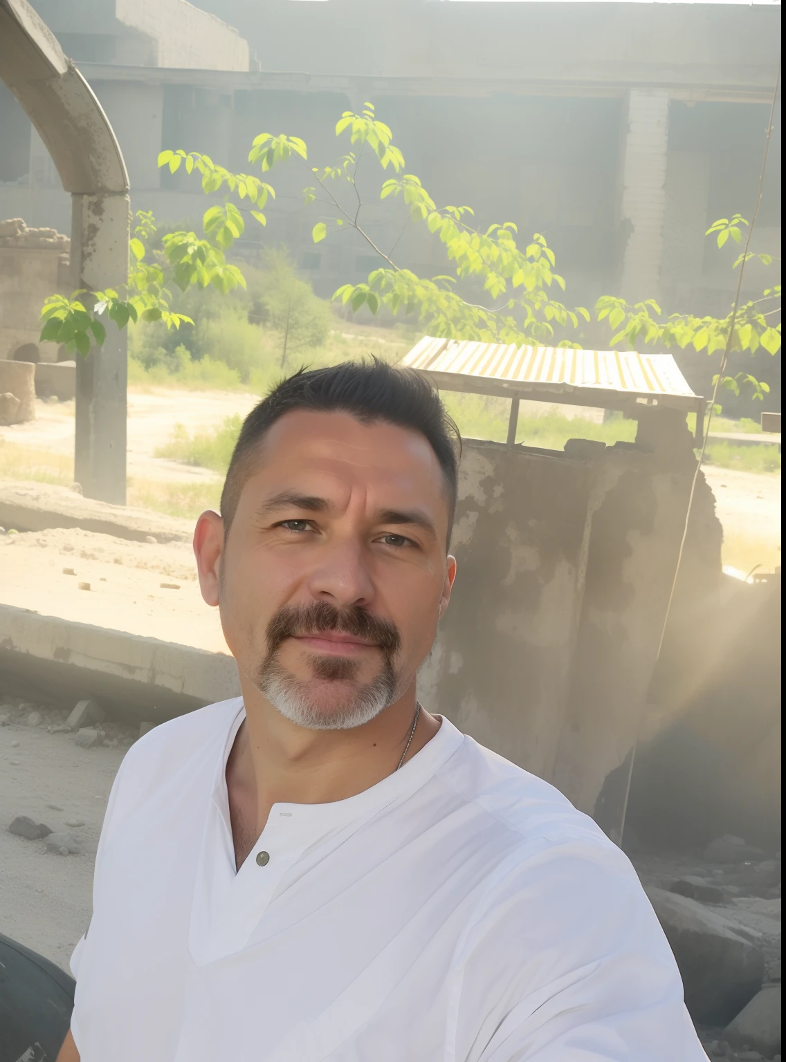RAW photo, a close up portrait photo of brutal 45 y.o man in wastelander clothes, long haircut, pale skin, slim body, background is city ruins, (high detailed skin:1.2), 8k uhd, dslr, soft lighting, high quality, film grain, Fujifilm XT3