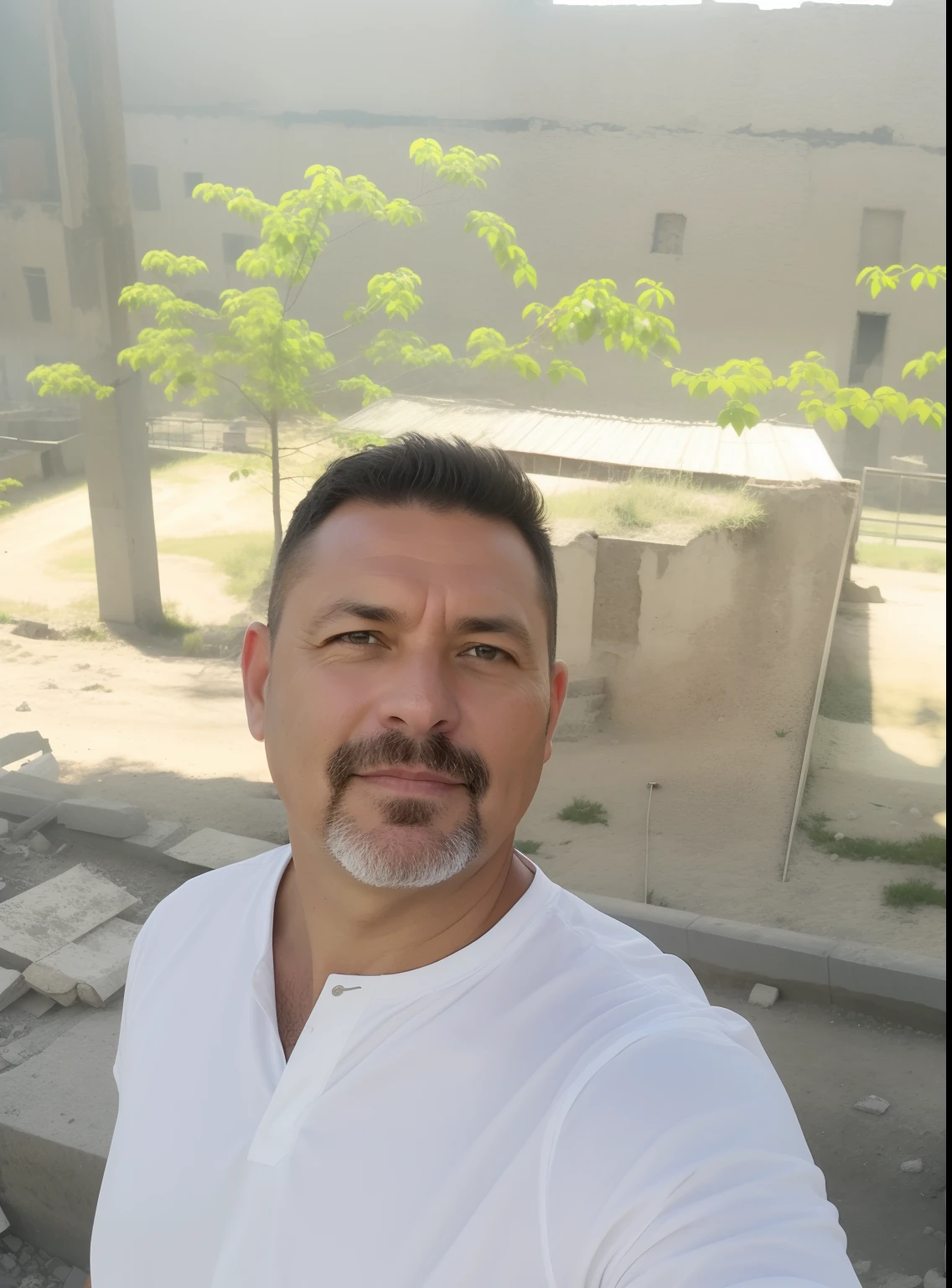 RAW photo, a close up portrait photo of brutal 45 y.o man in wastelander clothes, long haircut, pale skin, slim body, background is city ruins, (high detailed skin:1.2), 8k uhd, dslr, soft lighting, high quality, film grain, Fujifilm XT3