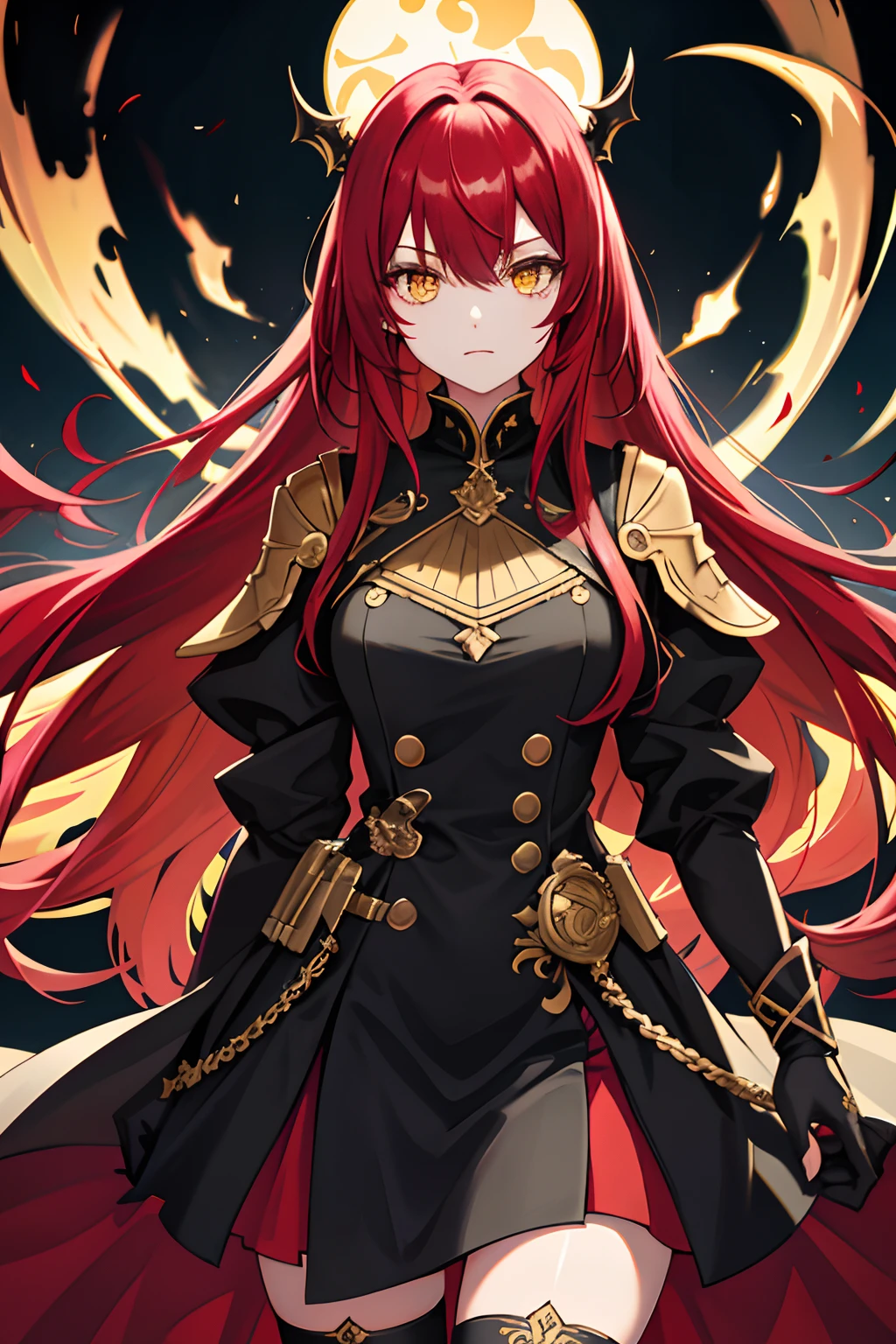 Original Character,girl,red hair,yellow eyes,long hair, intricate black mask, war general, {best quality}}, {{masterpiece}}, {{ultra-detailed}}, {illustration}, {detailed light},
