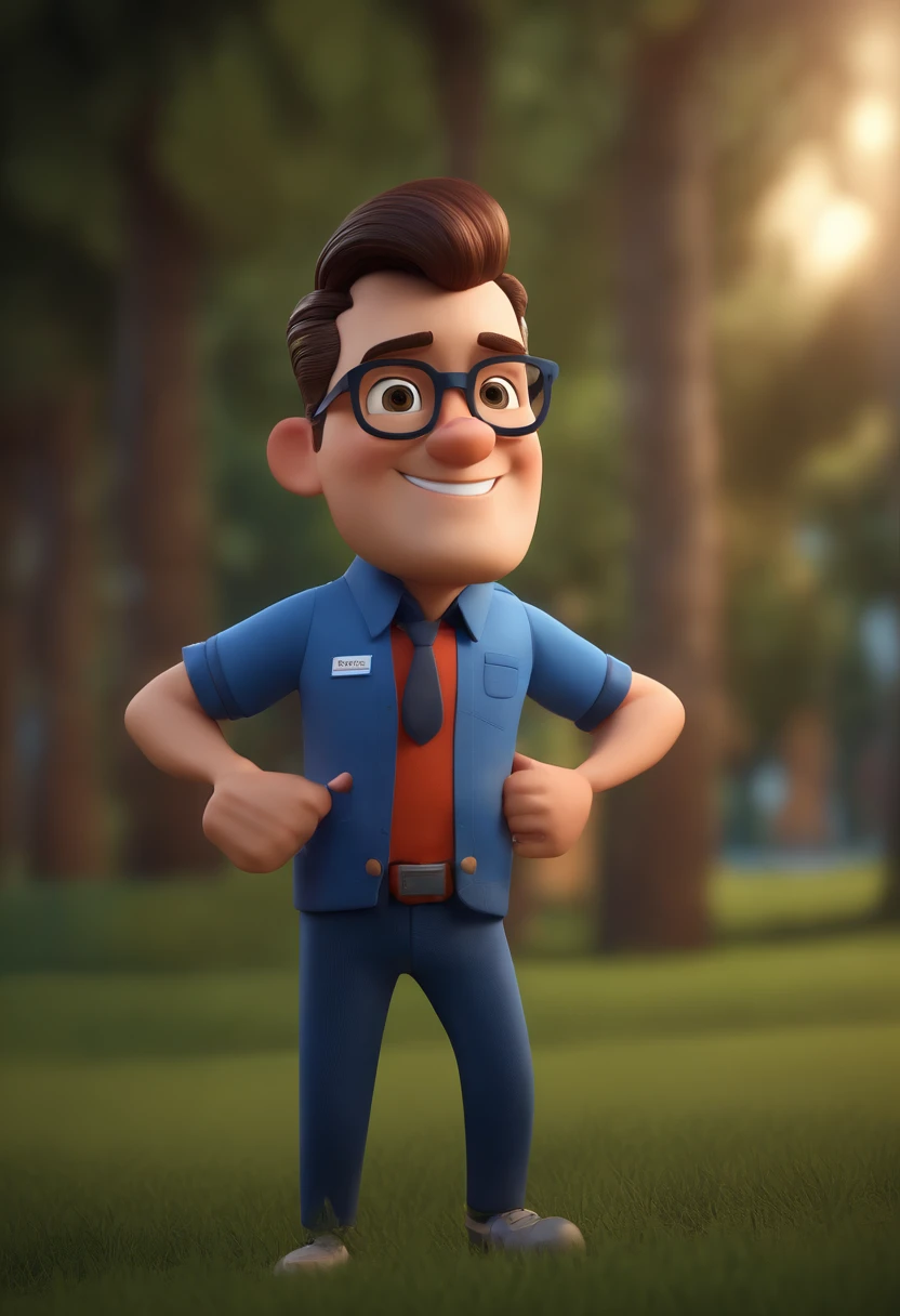 Cartoon character of a man wearing black glasses and a blue shirt, um personagem animado, Caractere estilizado, animation style rendering, 3D estilizado, Arnold Maya render, 3 d render stylized, toon render keyshot, Personagem 3D, Personagem 3D, 3d rendering stylized, 3 d character render, personagem de desenho animado, Personagem de close up, Pose de personagem, (Estilo Pixar) (master part:1.2) (Bokeh) (best quality) (pele detalhada) (textura detalhada) (8k) (argila) (Cinematic lighting) (foco nítido，Senta e vaza a parte superior do corpo