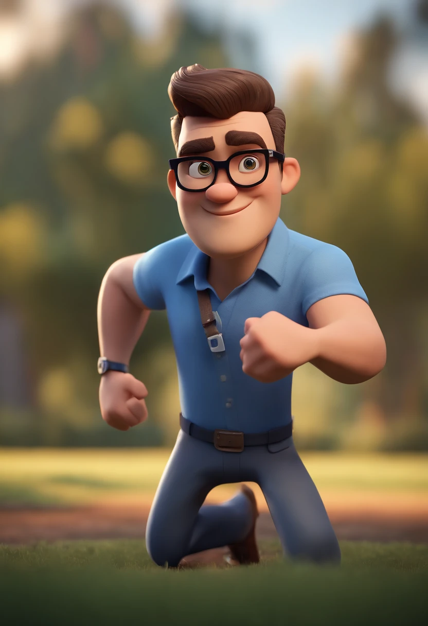 Cartoon character of a man wearing black glasses and a blue shirt, um personagem animado, Caractere estilizado, animation style rendering, 3D estilizado, Arnold Maya render, 3 d render stylized, toon render keyshot, Personagem 3D, Personagem 3D, 3d rendering stylized, 3 d character render, personagem de desenho animado, Personagem de close up, Pose de personagem, (Estilo Pixar) (master part:1.2) (Bokeh) (best quality) (pele detalhada) (textura detalhada) (8k) (argila) (Cinematic lighting) (foco nítido，Senta e vaza a parte superior do corpo