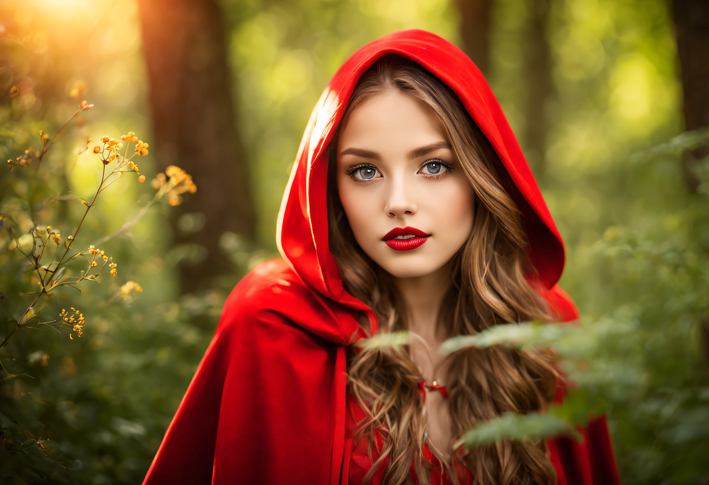 professional photography,little red riding hood,beautiful detailed eyes,beautiful detailed lips,extremely detailed eyes and face,long eyelashes,red cape,tall trees,wildflowers,sunlight streaming through the trees,fairy-tale atmosphere,soft focus,vivid colors,warm color tones,playful pose,enchanted forest,luscious greenery,whimsical mood,storybook-like quality,classic fairy tale twist,emotive expression,high-resolution,image clarity,sharp details,dreamlike ambiance,impeccable composition,storytelling element,captivating gaze,Natural light,delicate features,fantasy world