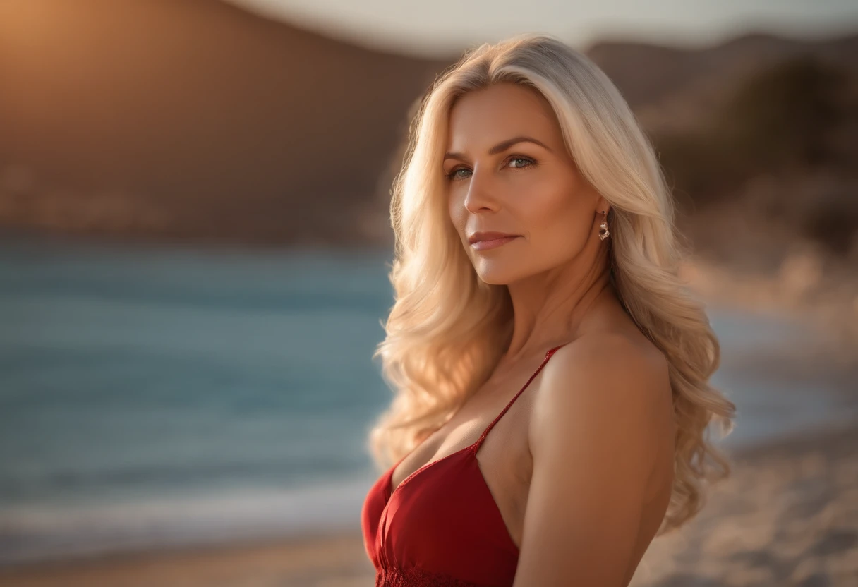 Portrait of a 60-year-old woman blond woman with long hair and white bikini posing for a picture in greece on the beach, beautiful blonde woman, beautiful blonde girl, blonde woman, a gorgeous blonde, blonde and attractive features, photo of a beautiful woman, sexy girl with long blonde hair, blonde beautiful young woman, a girl with blonde hair young blonde woman, beautiful blonde hairwith long white hair, white background, red see-through lace dress Sexy ,fullbody,seductive gaze, brown eyes, a lot of wrinkles on her face, detailed wrinkles (small chest) proper eye position, soft light, hips, detailed color graded background, intricate, highly detail, octane render, HD, 8k, a house on the ocean shore, rendom sexy pose at beautiful villa on an island, outside the window palm trees and ocean in the background, sandy beach, tropics, night moonshine, soft moonshining, red summer dress with a pronounced neckline, big breasts, translucent dress, clear background, detailed background, soft shadows INFO