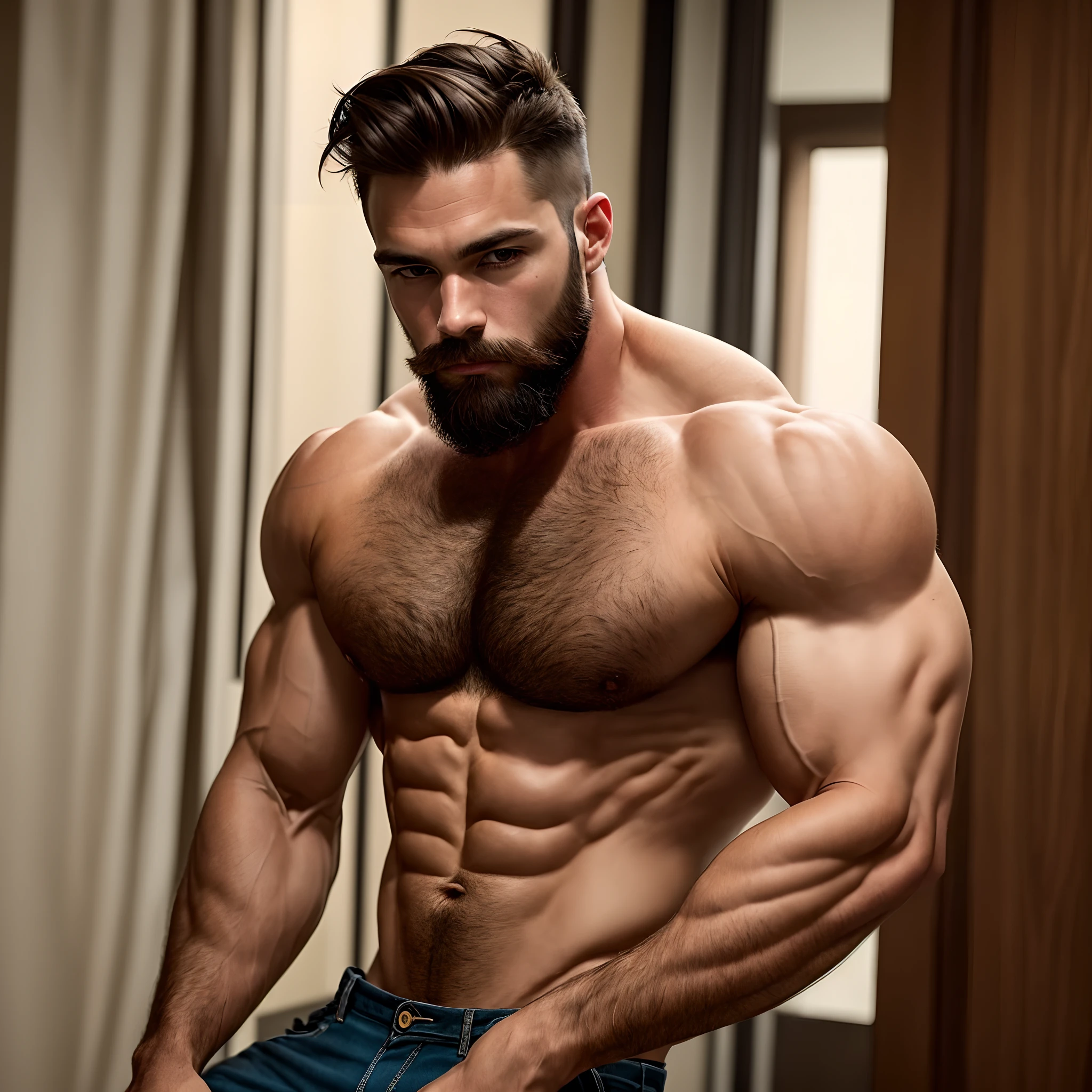 Man - Tall - Muscular - Really short dark brown hair - Dark brown beard