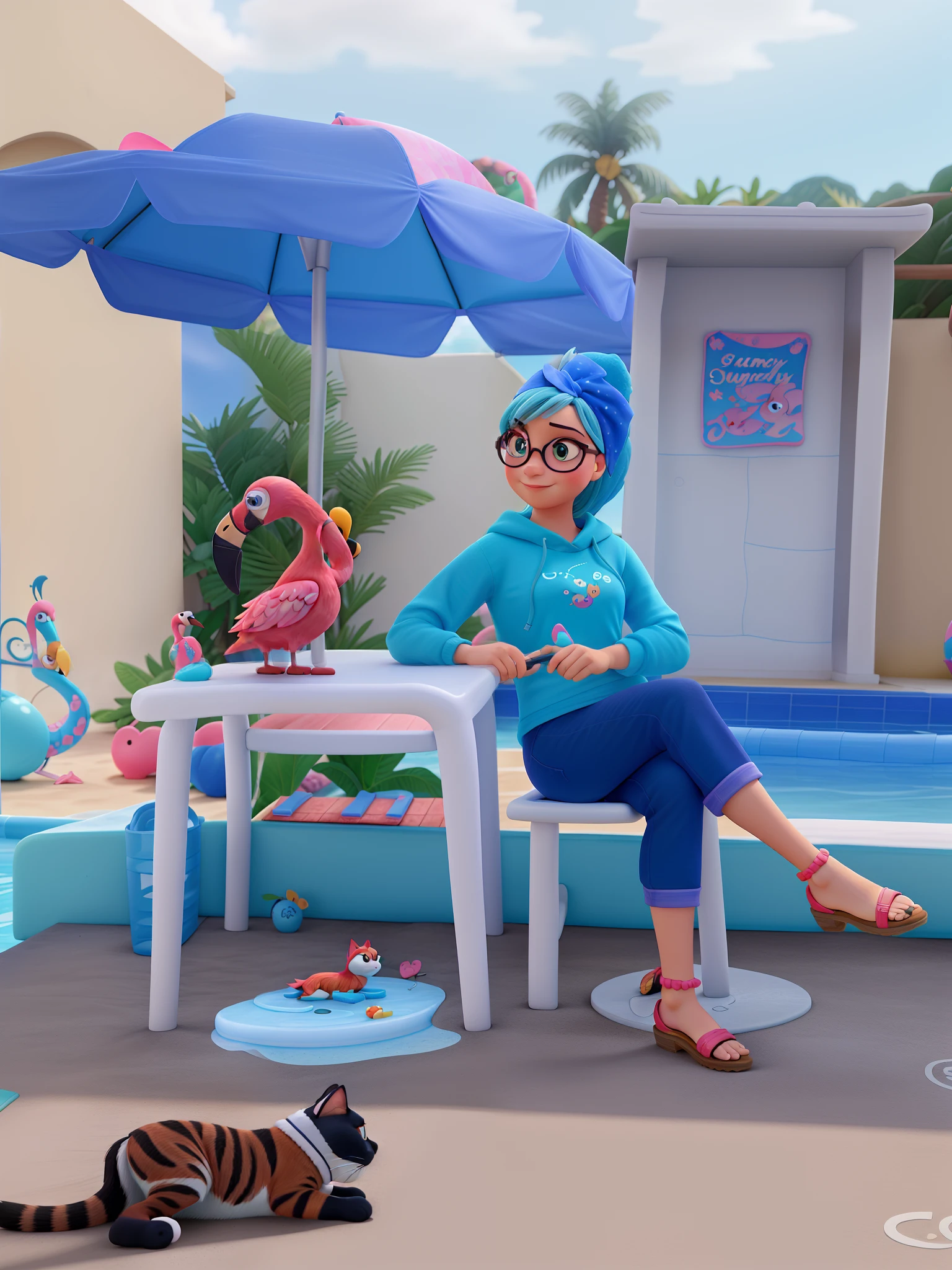 Uma mulher no estilo Disney pixar com blusa azul e bandana rosa de Oculos, Sitting in front of a swimming pool with a flamingo float and sunshade is a cat lying on the ground