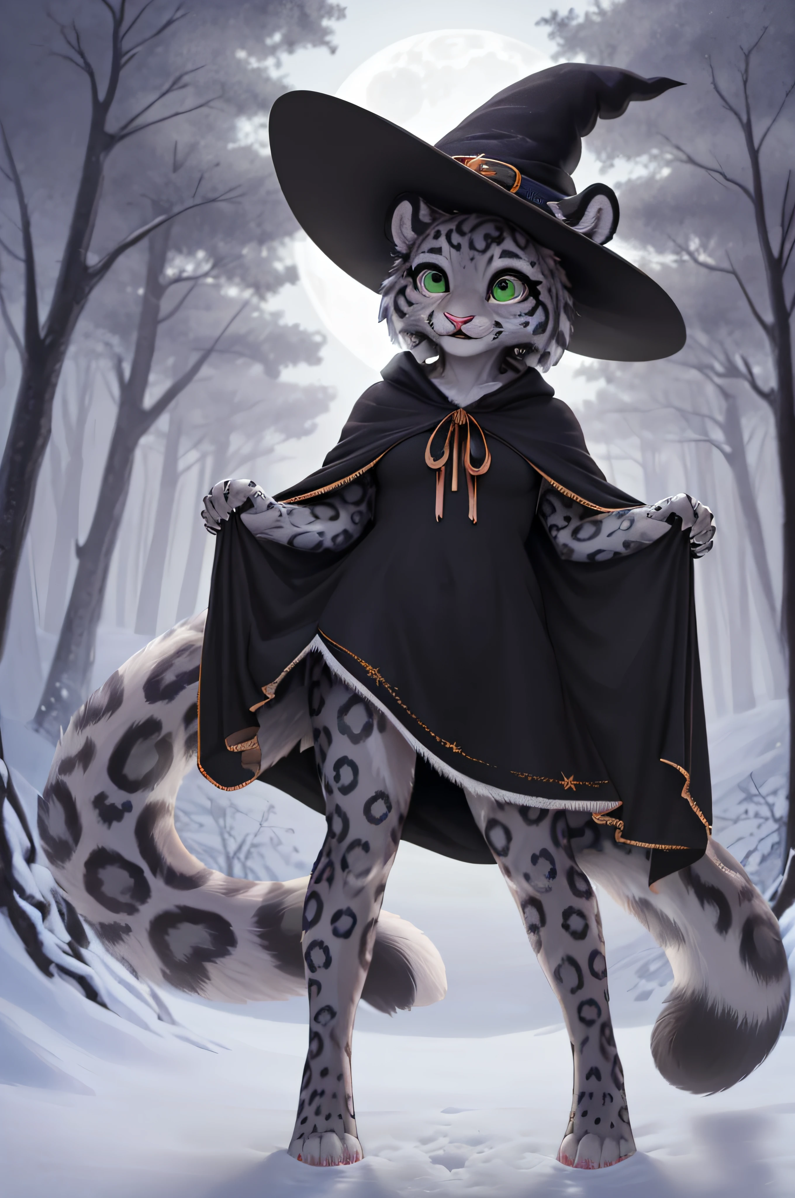 detailed background, dark and eerie forest, fog rolling through the trees, snow-covered ground, full moon shining brightly in the sky, a clearing with scattered leaves and pumpkins, a((slim and graceful)(snow leopard:1.2))female standing tall in her witch costume, (black dress adorned with silver stars), (pointy hat with a wide brim), (long flowing cloak trailing behind her), (sharp claws on her fingertips), (piercing green eyes sparkling with mischief), ((delicate pink nose:1.1)peeking out from under her witch hat), (playful smile revealing sharp fangs), detailed fur markings resembling mystical patterns on her body, (confident stance), (half-body view)