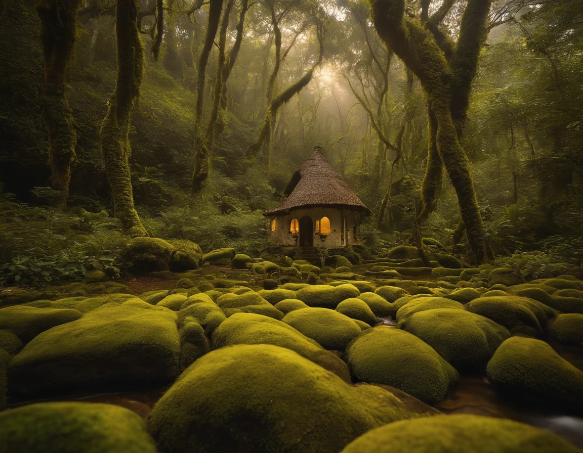 casa de fadas, Mosses on the ground, caminho de pedrinhas brancas, yellow lighting, floresta