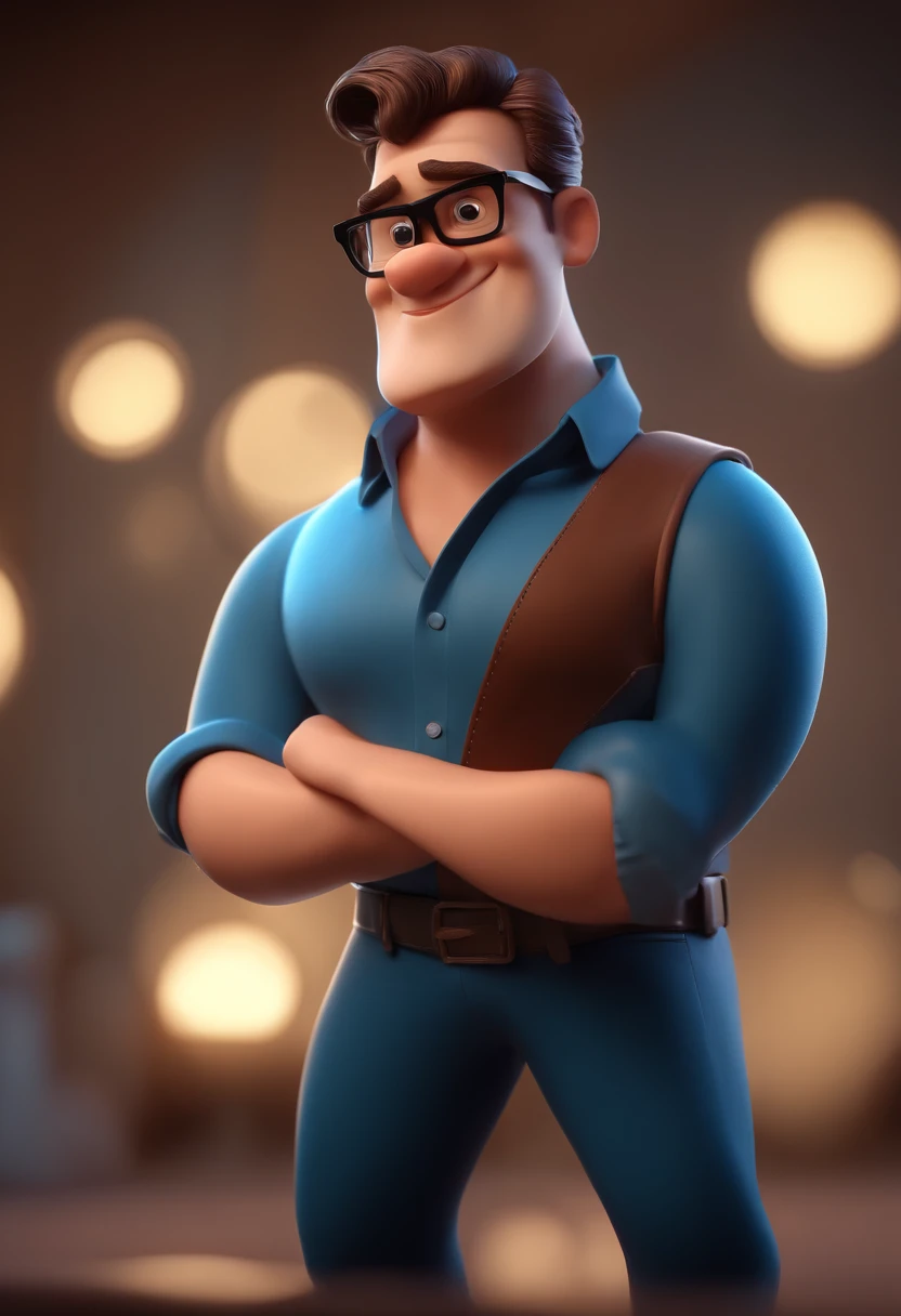 Cartoon character of a man with black glasses and a blue shirt, animation character, Caractere estilizado, animation style rendering, 3D estilizado, Arnold Maya render, 3 d render stylized, toon render keyshot, Personagem 3D, Personagem 3D, 3d rendering stylized, 3 d character render, personagem de desenho animado, Personagem de close up, Pose de personagem, (Estilo Pixar) (master part:1.2) (Bokeh) (best quality) (pele detalhada) (textura detalhada) (8k) (argila) (Cinematic lighting) (foco nítido