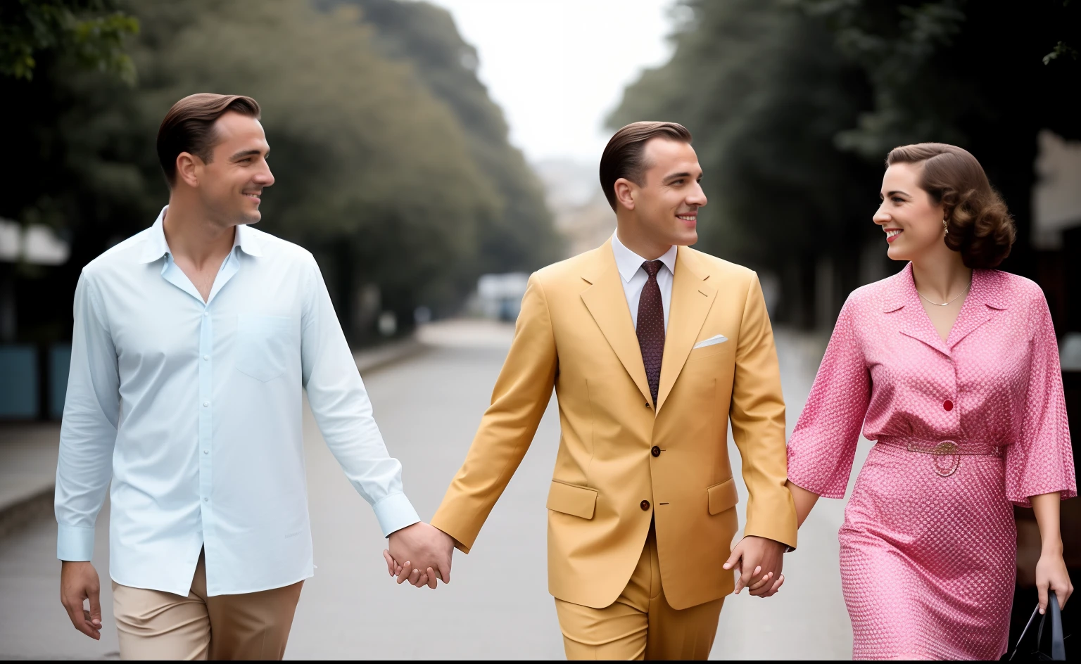 They're holding hands and walking down the street together, Homem e mulher caminhando juntos, Couple walking hand in hand, Meio - tiro, Tiro no meio, Roupas estilo anos 1930, # Film, production still, promo ainda, Retrato no meio da foto, casal sorridente, Foto promocional, vestido como nos anos 1940, shine sky, promocional ainda