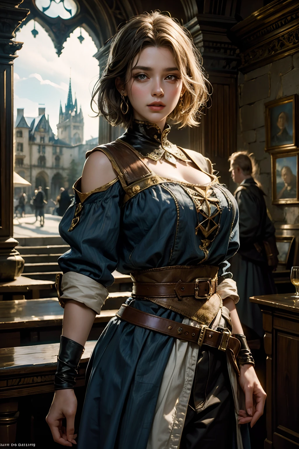 [Beautiful girl in medieval outfit, cheap ripped linen shirt and pants, oil painting, Detailed facial features, dark short hair, big breastes, castle on the background, Sun light, bright colours, dramatic  lighting, expressive eyes and lips, High Resolution, 4K quality, Photorealistic]