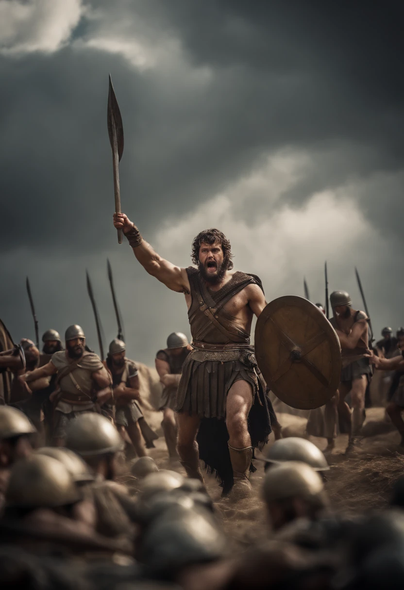 David fighting with the giant Goliath and the Philistine soldiers looking scared