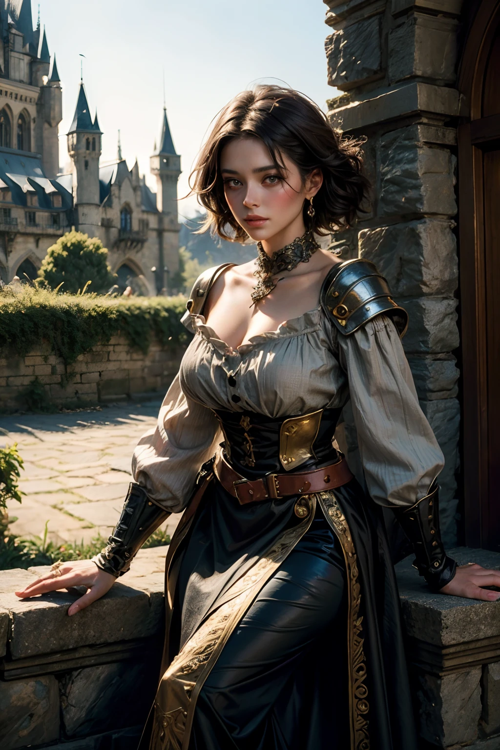 [Beautiful girl in medieval outfit, cheap ripped linen shirt and pants, oil painting, Detailed facial features, dark short hair, big breastes, castle on the background, Sun light, bright colours, dramatic  lighting, expressive eyes and lips, High Resolution, 4K quality, Photorealistic]