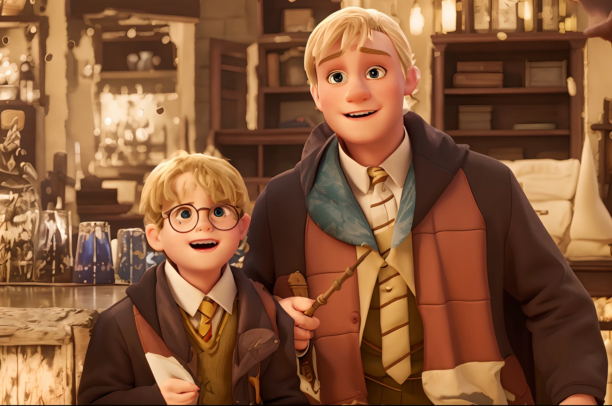 wearing Harry Potter costume, adult wearing Draco Malfoy costume, Pixar Style.