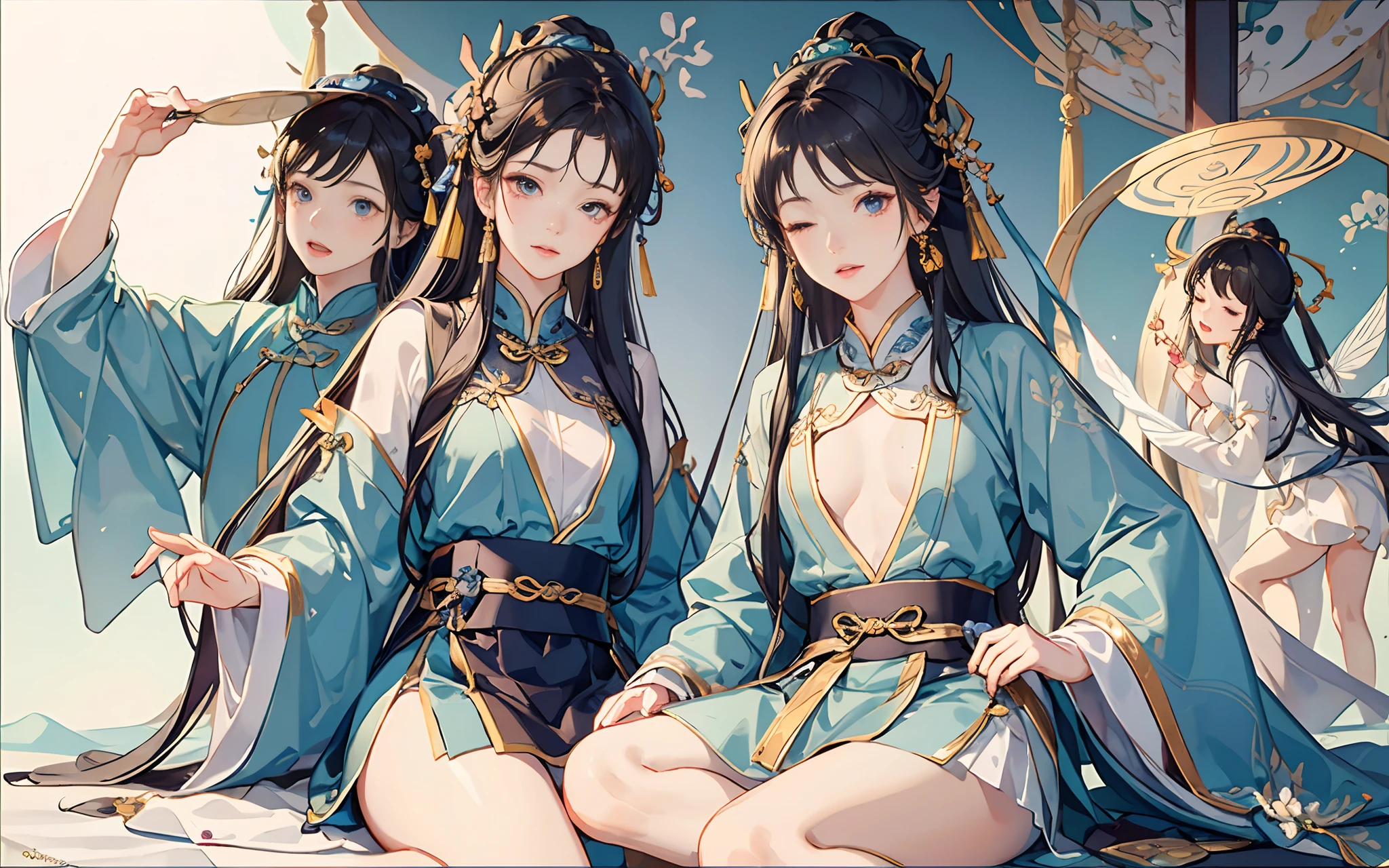 One and a half long hair,Han Dynasty hair ornaments,A fairy boy,,Probably eighteen or nineteen years old,The beauty of the facial features is indistinguishable between male and female。smallunderboob,Lots of detail,long hair flowing,Comely,Fairy air fluttering。Meditate cross-legged with your eyes closed。Behind the boy is a huge black and white gossip Taiji diagram,He was hovering in front of the Taiji diagram,There is an ethereal fairy aura around him。(tmasterpiece)(Immortals)(Delicate facial features)(Traditional Chinese painting)
