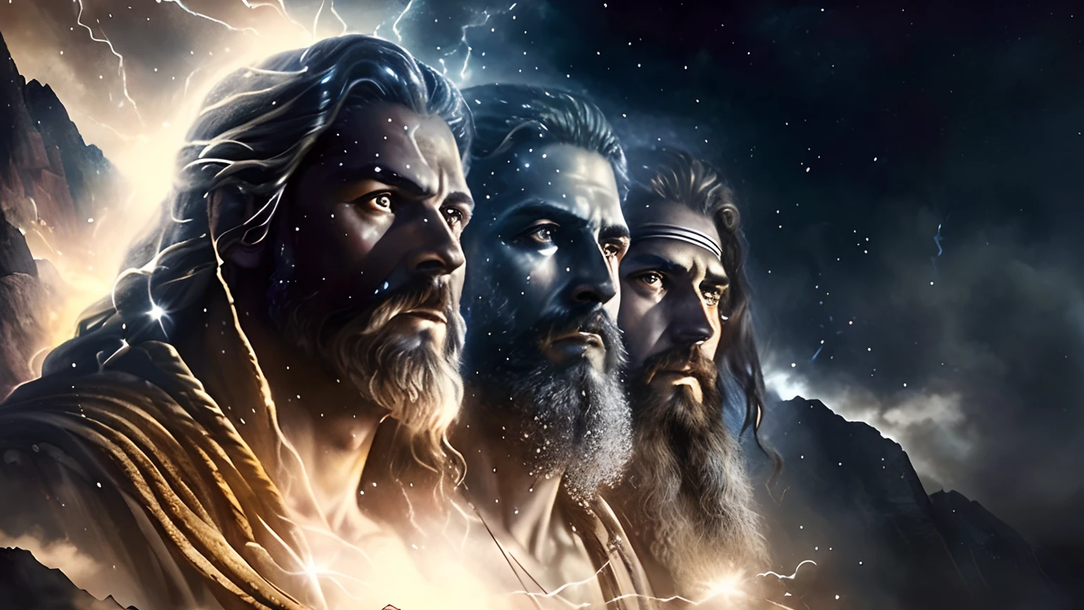 "Create an epic scene in the style of a biblical and mythological film that represents a meeting of five men, inspired by Greek mythology. The characters must be standing side by side on the top of a majestic mountain. In the background, the scenery must resemble the grandeur of dramatic artwork, with influences from Greek mythology. The setting may include epic elements such as dramatic clouds, ancient gods, or even a symbolic representation of Zeus. The artistic style should be inspired by artists such as Drew Struzan and Tomasz Alen Kopera , and the scene should evoke the feeling of Greek mythology and epic."