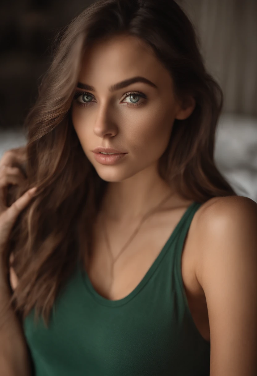 arafed woman with a white tank top and a necklace, sexy girl with green eyes, portrait sophie mudd, brown hair and large eyes, selfie of a young woman, bedroom eyes, violet myers, without makeup, natural makeup, looking directly at the camera, face with artgram, subtle makeup, stunning full body shot, piercing green eyes\