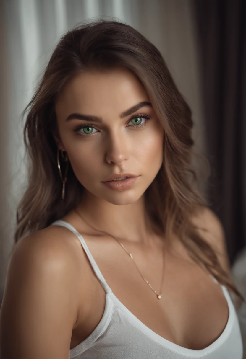 arafed woman with a white tank top and a necklace, sexy girl with green eyes, portrait sophie mudd, brown hair and large eyes, super realistic, 4k, selfie of a young woman, bedroom eyes, violet myers, without makeup, natural makeup, looking directly at the camera, face with artgram, subtle makeup, green eyes, cute girl, sexy pose, portrait, brunette goddess, high detail