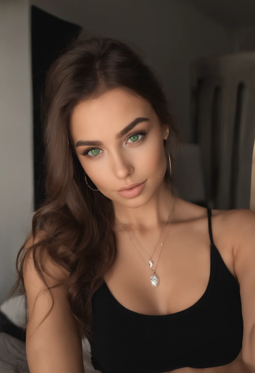 arafed woman with a white tank top and a necklace, sexy girl with green eyes, portrait sophie mudd, brown hair and large eyes, selfie of a young woman, bedroom eyes, violet myers, without makeup, natural makeup, looking directly at the camera, face with artgram, subtle makeup, stunning full body shot, piercing green eyes\