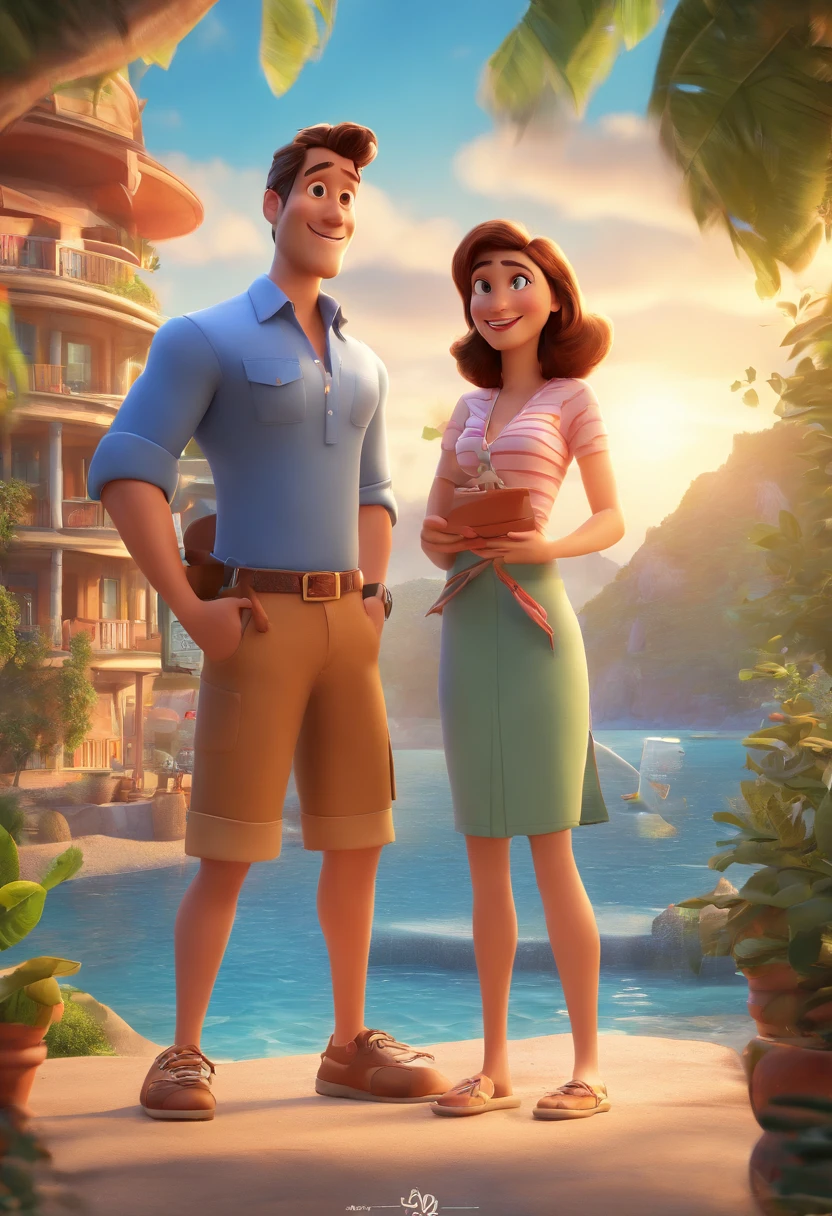 Cartoon of couple having fun on vacation together, 3D Animation Movie Poster, Poster de filme animado, pixar 3 d animation style, pixar renderman rendering, maia 8 mil, animated film, Disney Pixar Estilo 3D, casal junto, He wore a light blue shirt and brown pants, ela vestido azul claro , ao ar livre, vacation, Disney Pixar Animation Poster