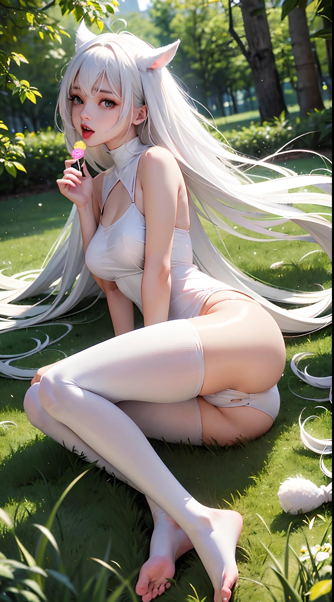 White silk pantyhose,open open mouth,spread their legs,Cute nose,cute and beautiful girl,The legs are relatively long,The chest is relatively large,The butt is facing me,The eyes are relatively large,Good facial features,Long hair，The reveal panties,The eyeballs are relatively large,sparkle in eyes,Tender feet,The nose is relatively large,White color hair,Raise your hands,Stick out her tongue，No shoes on，Pee,dual horsetail,Sweat all over the body,Lying on your stomach in the forest，The other touched her panties，There is a villa at the back，With a lollipop in his mouth，streaming tears，Urine leaking from under panties，Time stops in the air，16K resolution