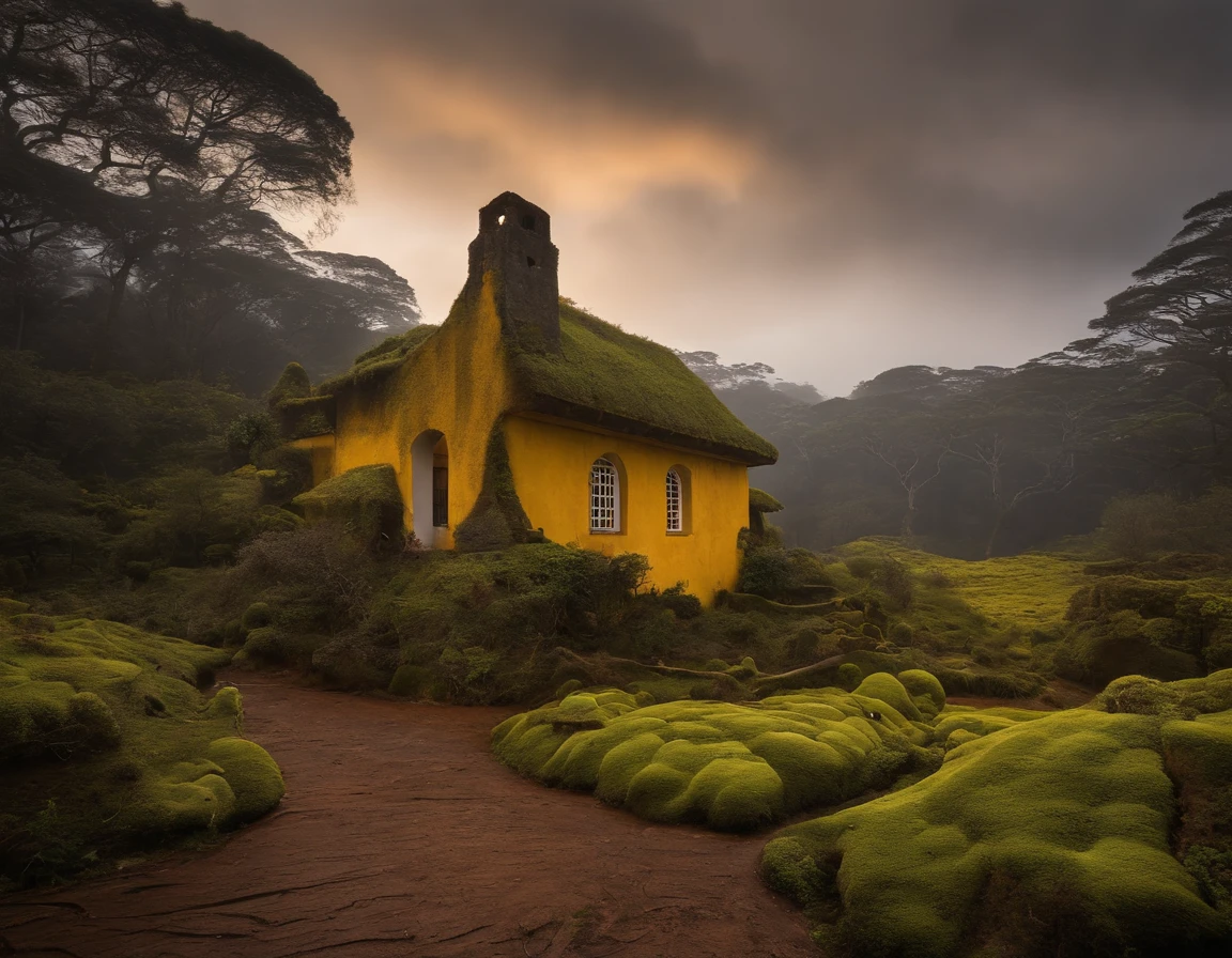 casa de fadas, Mosses on the ground, caminho de pedrinhas brancas, yellow lighting, floresta, chimney, riacho pequeno, fadas, cervos