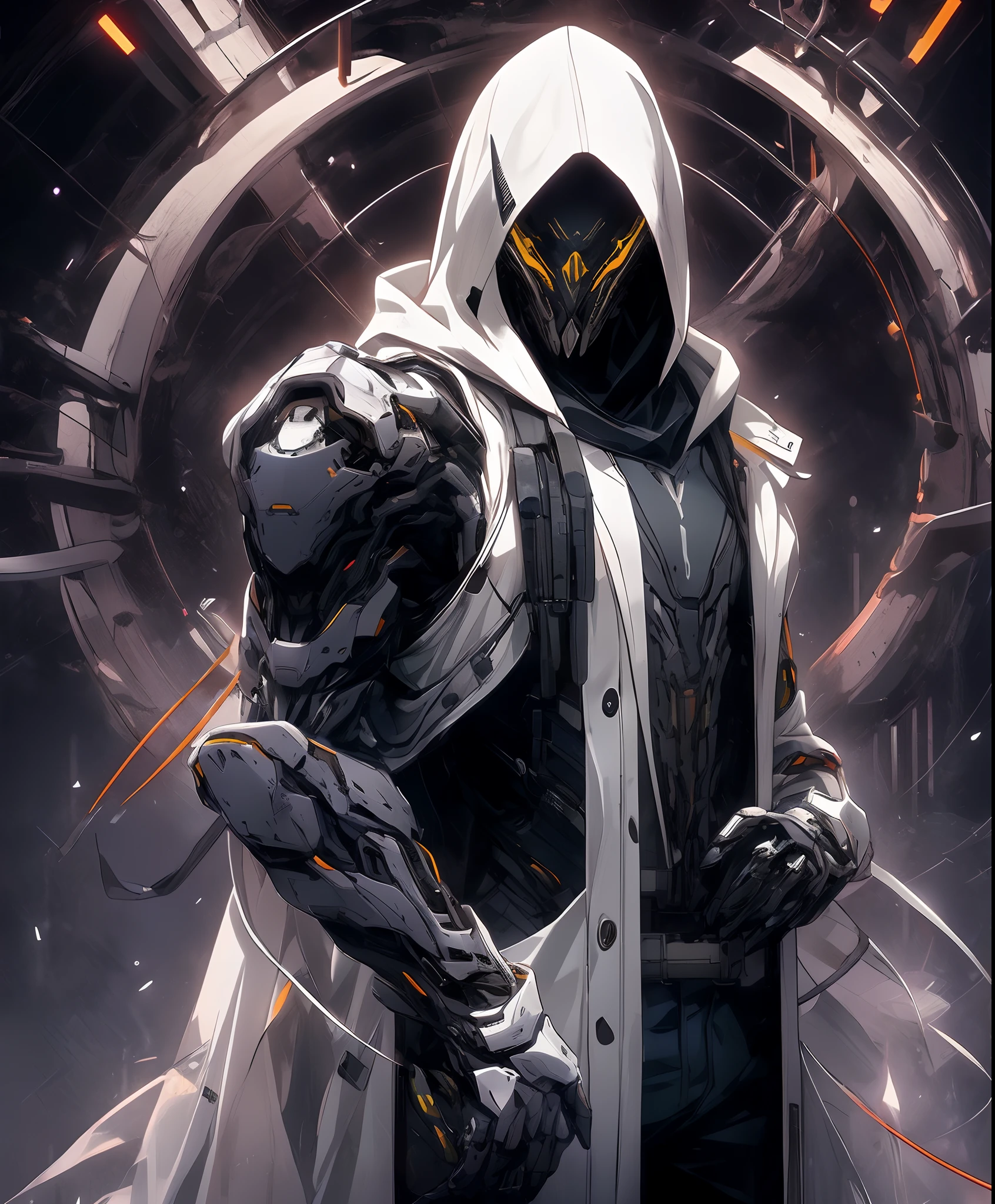 a man in a white jacket and black pants standing in a dark room, wearing cultist yellow robe, white attire, character from mortal kombat, as a character in tekken, fighting game character, cyberpunk assassin, yellow hooded mage, cyberpunk outfits, white clothes, the yellow ninja, wearing leather assassin armor, an edgy teen assassin, cool white jacket, cyberpunk street goon