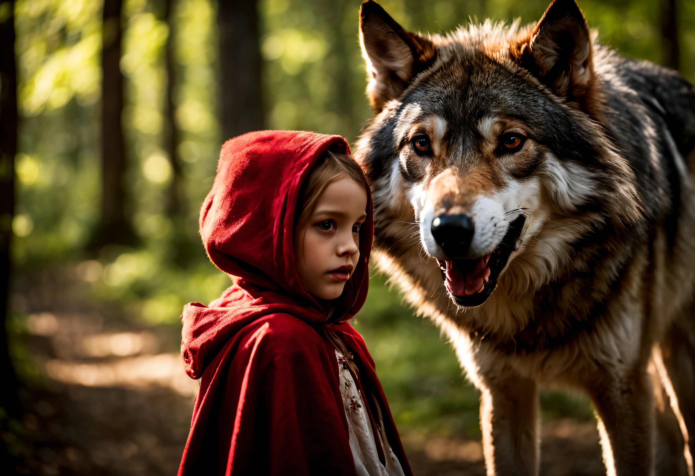 professional photography,little red riding hood walking,wolf,detailed facial expressions,forest backdrop,magical lighting,wonderful composition,vivid colors,fairytale theme,dreamlike atmosphere,enchanted forest,storybook illustration,impressive details,playful and mysterious,captivating storytelling,emotionally engaging,whimsical elements,beautiful costumes and props,cinematic quality,narrative depth,subjective perspective,split-second moment,dynamic movement,contrast between light and shadow,dramatic tension,storytelling composition,visual harmony,fantastical elements,storybook ambiance,blending reality and fantasy,dark and mysterious,expression of innocence and danger,unexpected encounter,alluring and haunting,visual storytelling,magical realism,emotive facial expressions,dramatic chiaroscuro lighting,compelling narrative energy,ethereal and enchanting.