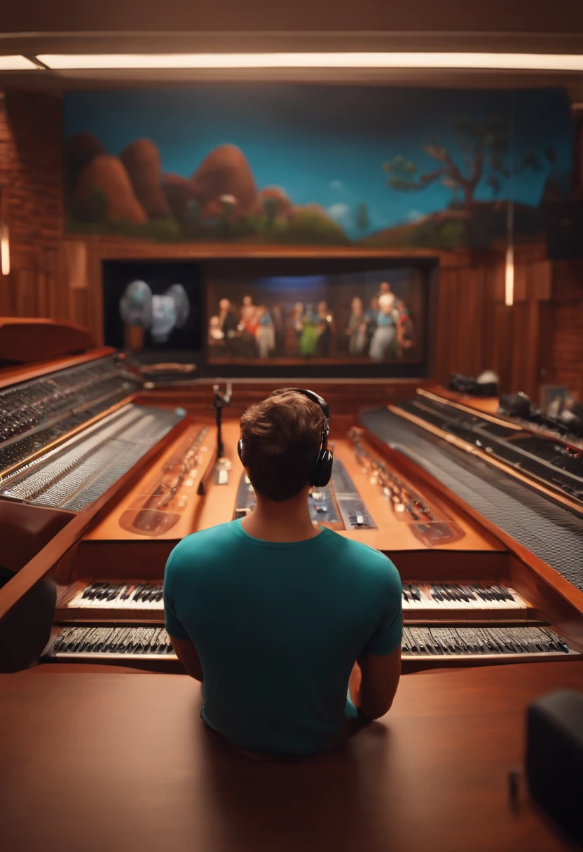 um homem, moreno, barba curta, olhos castanhos, A music studio in the background, Imagem no estilo Pixar, Estilo de filme animado 3D, Disney, camiseta vermelha