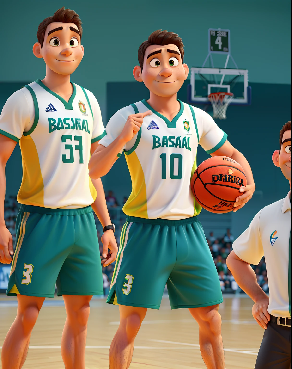 Four Pixar Poster Style Men Wearing Brazilian National Team Basketball Uniforms, shorts verde claro, They're holding a basketball, altura total, corpo inteiro, corpo inteiro, foto comercial, imagens promocionais, corpo inteiro, basquete FIBA, medium details, Promotion Session Photos, contra fundo branco, foto da capa