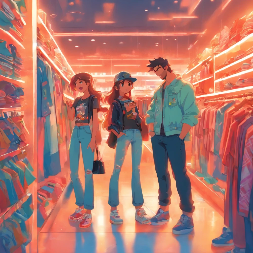 （Estilo Pixar),A imagem mostra uma mulher e um homem em um loja de roupas, posando juntos para uma foto. The man is using a cell phone to capture the moment, enquanto a mulher segura um saco de compras.

The store is filled with various pieces of clothing, como camisetas e jeans, that are displayed in different areas of the store. Alguns exemplos incluem uma camiseta no canto superior esquerdo da imagem, outra camiseta no canto superior direito, e um par de jeans no canto inferior direito. The scene is a typical depiction of a visit to the mall, com a dupla aproveitando a oportunidade para capturar um momento especial juntos.