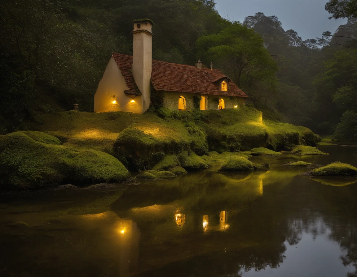 casa de fadas, Mosses on the ground, caminho de pedrinhas brancas, yellow lighting, floresta, chimney, riacho pequeno, fadas, cervos, pedras brancas, lago