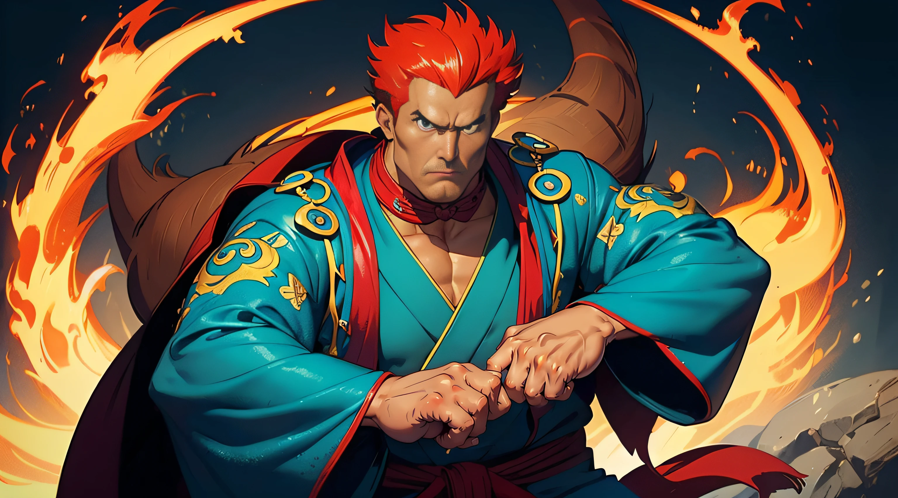 Create a detailed description of Thorne Phoenix, Una persona de unos (((40 year old))) (((macho maduro))) who possesses an impressive and formidable physique, que recuerda a la asombrosa musculatura de figuras como Retsu Kaioh de Baki o Biscuit Oliva, (musculoso), (culturista),(bronceado),(piel morena),(tez bronceada) Thorne is dressed in a flashy ((((Kimono de kung fu))))) con vibrante ((colores turquesa y rojo)), with a particular emphasis on these tones. The kimono is adorned with four ornate buttons: uno en el cuello, dos en los antebrazos, and one hanging from an earlobe. Thorne has a tanned complexion and complements the incredible definition of the muscles that ripple beneath the fabric....., exudando un aire de fuerza y resistencia incomparables. El pelo largo de Thorne, It is carefully arranged in a style that includes ((((colas de caballo distintivas))), adding to its unique appearance. Also with a scarf in the same vibrant colors: turquesa y rojo, Thorne is doing a kung fu salute, and there is fire behind him, y ondas de Ki.