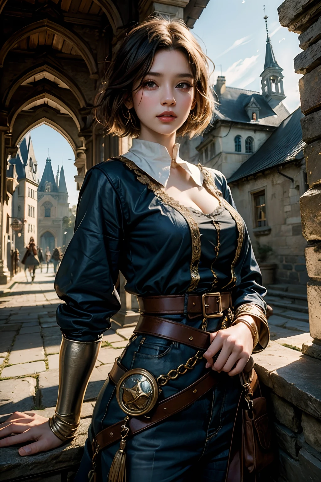 [Beautiful girl in medieval outfit, cheap ripped linen shirt and pants, oil painting, Detailed facial features, dark short hair, big breastes, castle on the background, Sun light, bright colours, dramatic  lighting, expressive eyes and lips, High Resolution, 4K quality, Photorealistic]