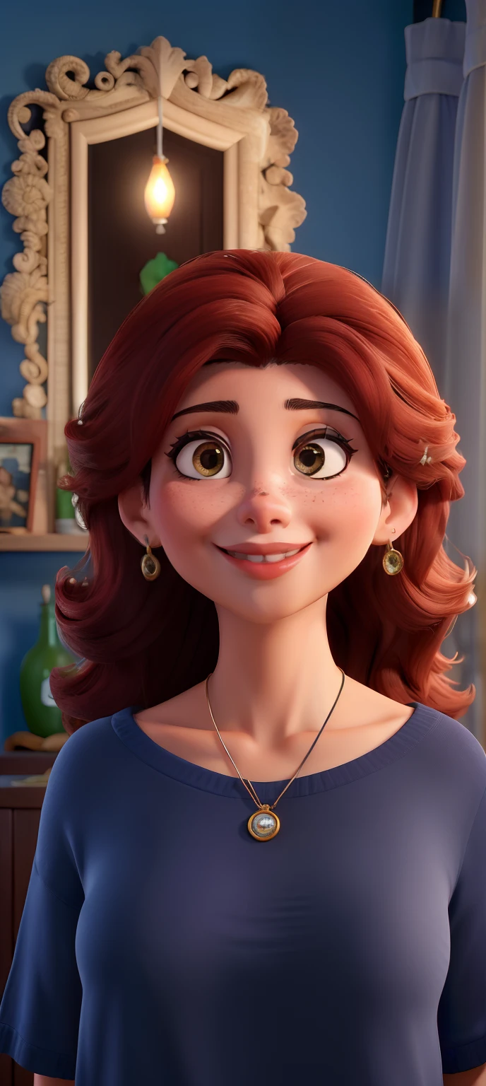 Mulher bonita,cabelos vermelhos muito crespo , pele branca, olhos castanhos escuros, sorrisos largos,usando brinco, rosto fino