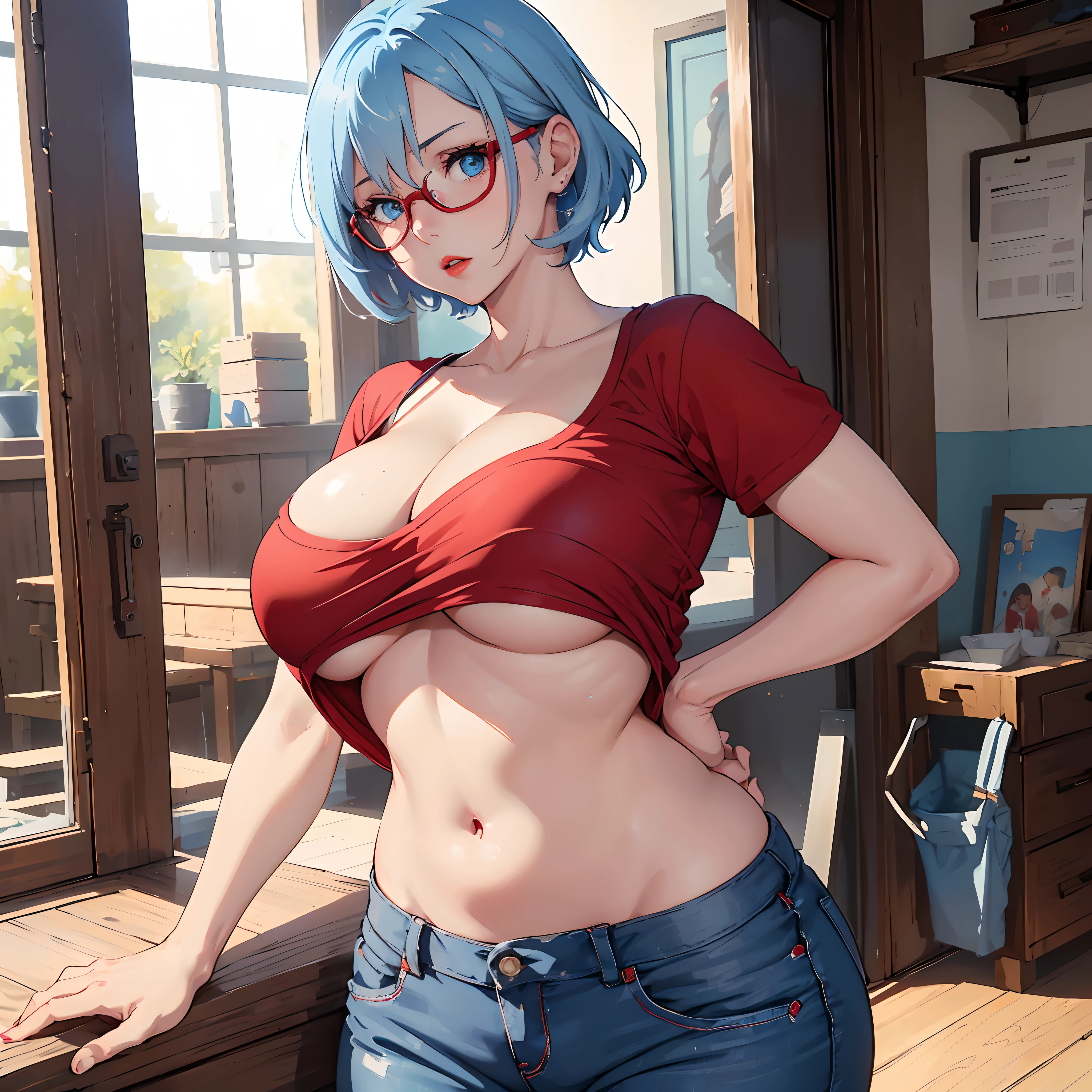 (masterpiece), 1girl, best quality,  expressive eyes, perfect face, huge breasts, light blue hair, short hair, (red shirt), red glasses, (mature female), (GILF), white pupils, blue eyes, blue pants, red lips, wide hips, navel