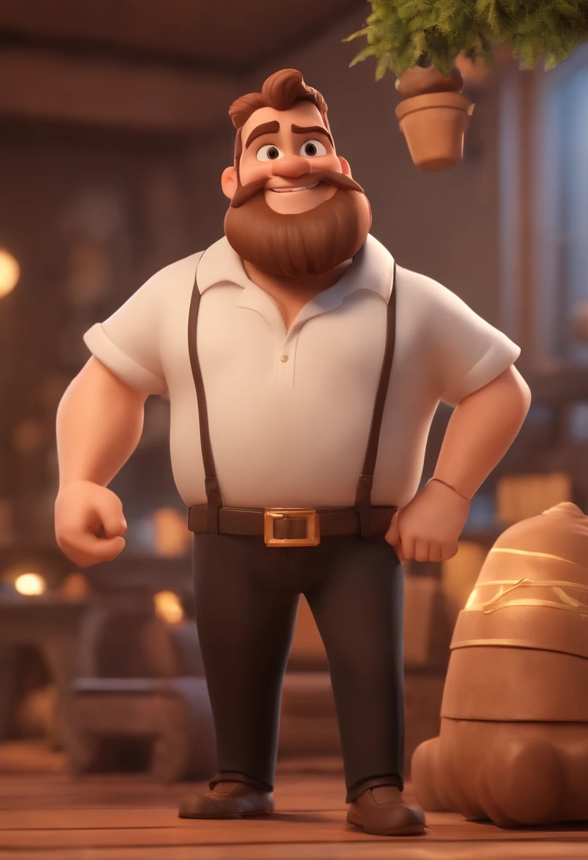 Cartoon character of a 30 year old man little fat, big dark beard, short hair wearing a black shirt, jean pants, a golden necklace with a small cross, golden watch with serious face next to his son, 7 year old boy, light brown hair with a shirt just like his father, smiling 3D, Personagem 3D, 3d rendering stylized, 3 d character render, personagem de desenho animado, Personagem de close up, Pose de personagem, (Estilo Pixar) (master part:1.2) (Bokeh) (best quality) (pele detalhada) (textura detalhada) (8k) (argila) (Cinematic lighting) (foco nítido，Senta e vaza a parte superior do corpo