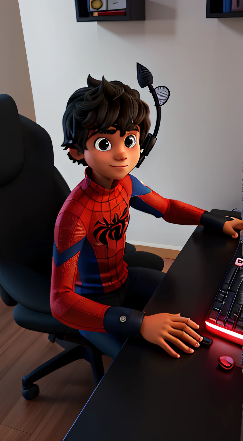 Um garoto com a roupa do homem aranha jogando no computador